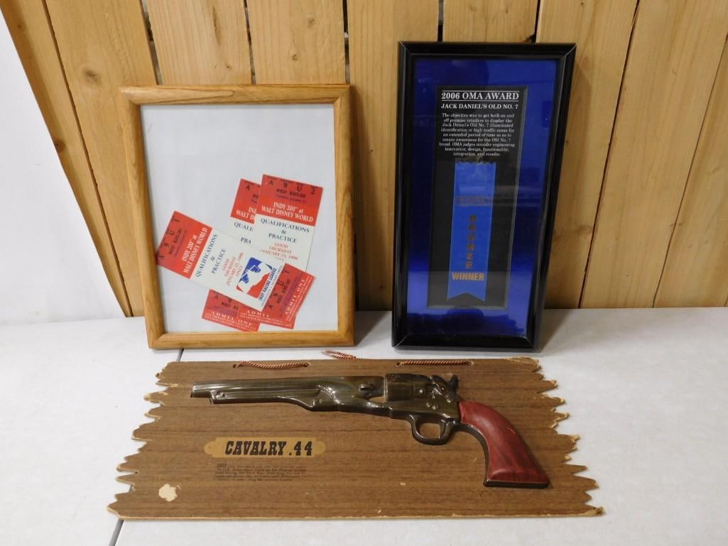 Indy 200 At Walt Disney World Qualifications & Practice Tickets, Jack Daniel's Old No 7 2006 OMA Awa: Indy 200 At Walt Disney World Qualifications & Practice Tickets, Jack Daniel's Old No 7 2006 OMA Award Popai Bronze Winner Framed Ribbon, Cavalry .44 Replica Gun Wall Hanging - Not a real gun
