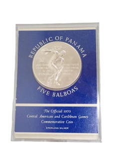 Sterling Silver Republic of Panama Five Balboas Sterling Silver Coin 35.7 grams of Sterling Silver: Sterling Silver Republic of Panama Five Balboas The Official 1970 Central American and Caribbean Games Commemorative Sterling Silver Coin 35.7 grams of Sterling Silver in a protective case  All pictur