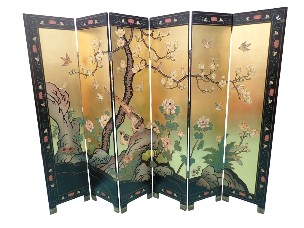 Vintage 6 Panel Dressing Screen with Asian Design Approx 6' Tall (1 of 13)