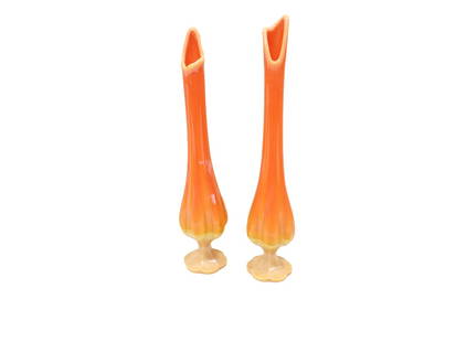 2 MCM LE Smith Bittersweet Swung Vases Vintage Footed 16 3/4" and 15.5": 2 Vintage MCM Mid Century Modern LE Smith Bittersweet Swung Vases Vintage Footed Stretch Glass Vases 16 3/4" and 15.5"