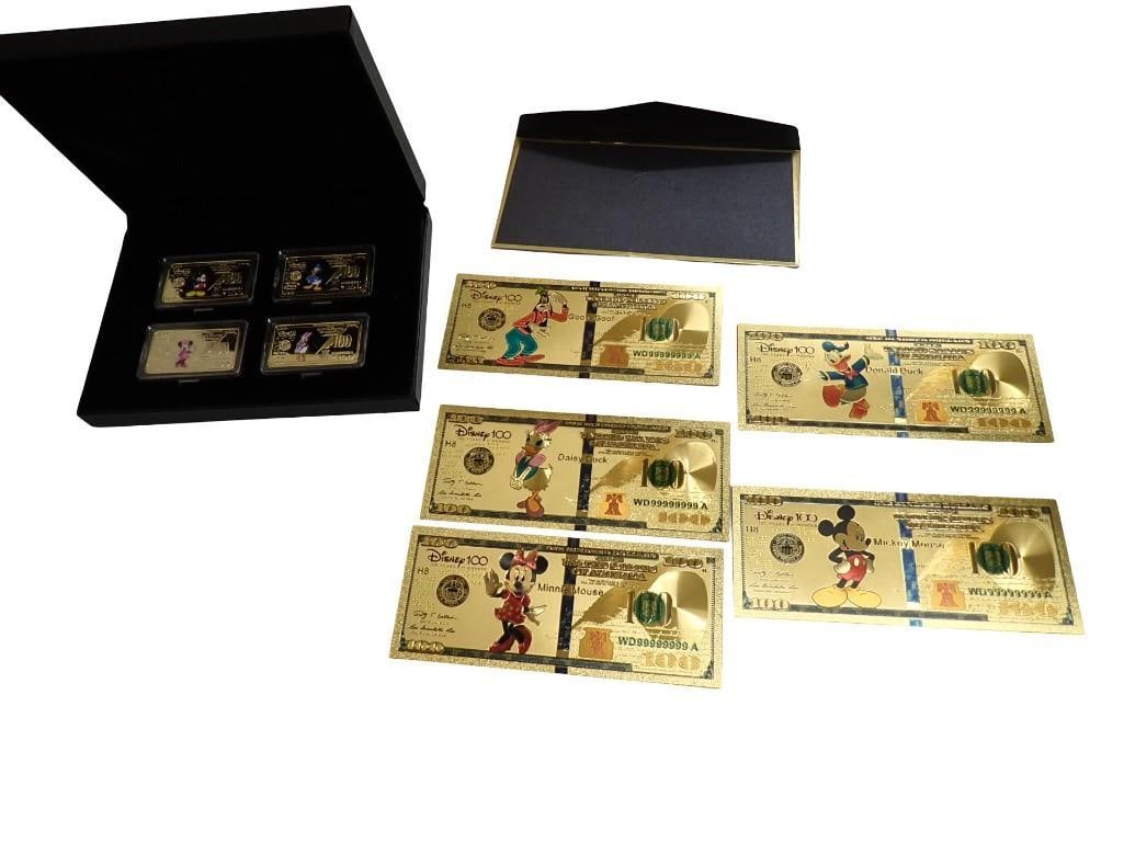 Walt Disney 100 years of Wonder Gold Plated Coins and Disney 100 Foil Bills with COA: Walt Disney 100 years of Wonder Gold Plated Coins and Disney 100 Foil Bills with COA All pictures are considered part of the description and should be examined carefully by bidders. Live Auctioneers i