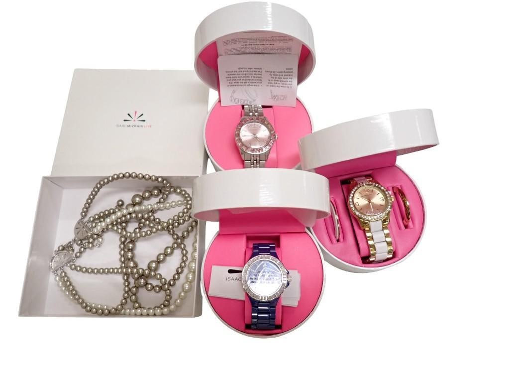 3 Isaac Mizrahi Live Watches and 1 Isaac Mizrahi Live Necklace: 3 Isaac Mizrahi Live Watches and 1 Isaac Mizrahi Live Necklace Condition: all appear to be new but are untested. All pictures are considered part of the description and should be examined 