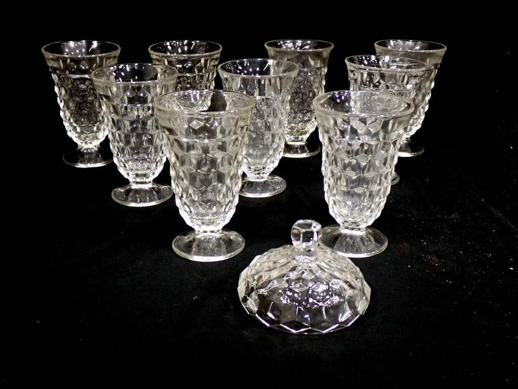 Set of 9 Glass Footed Ice T glasses and Lid for a candy dish - all cube pattern (1 of 6)