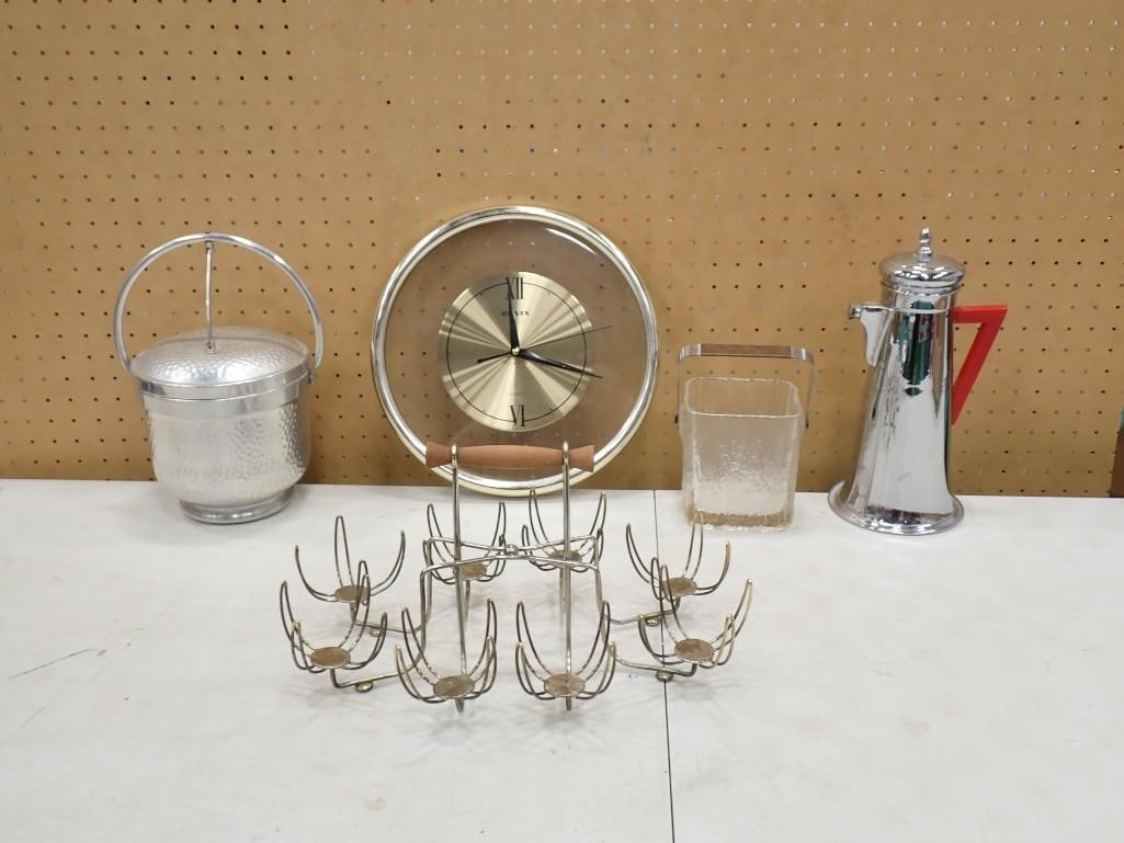MCM / Art Deco Lot including Hammered Ice Bucket, Zenix Clock, Glass Ice Bucket, 8 glass drink holde (1 of 11)