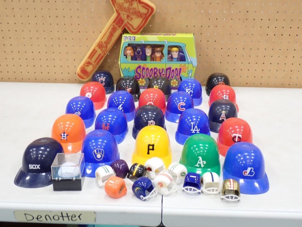 Scooby-Doo! Pez Set Lot, Atlanta Braves Foam Tomahawk, Mini Baseball and Football Helmets: Scooby-Doo! Pez Set Lot, Atlanta Braves Foam Tomahawk, Mini Baseball and Football Helmets All pictures are considered part of the description and should be examined carefully by bidders. Live Auctione