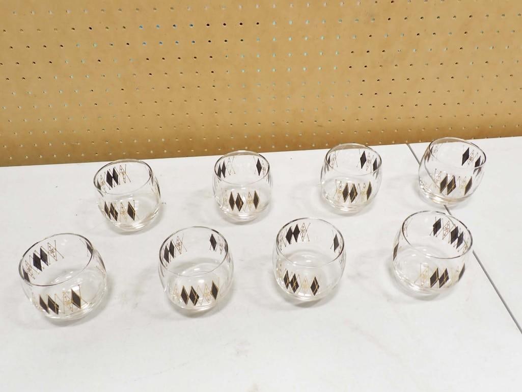 8 MCM Federal Glass Harlequin Black Diamond Roly Poly Glasses Bar or Cocktail Drinkware (1 of 7)