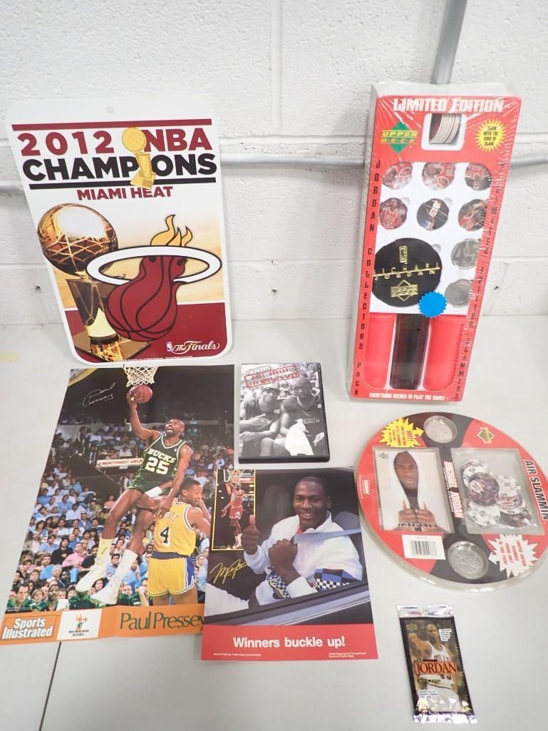Sports Lot including Michael Jordan Upperdeck Slammers, Ephemera, 2012 Miami Heat Sign, DVD: Sports Lot including Michael Jordan Upperdeck Slammers, Ephemera, 2012 Miami Heat Sign, DVD, Michael Jordan PSA Winners Buckle Up, etc. All pictures are considered part of the description and should b
