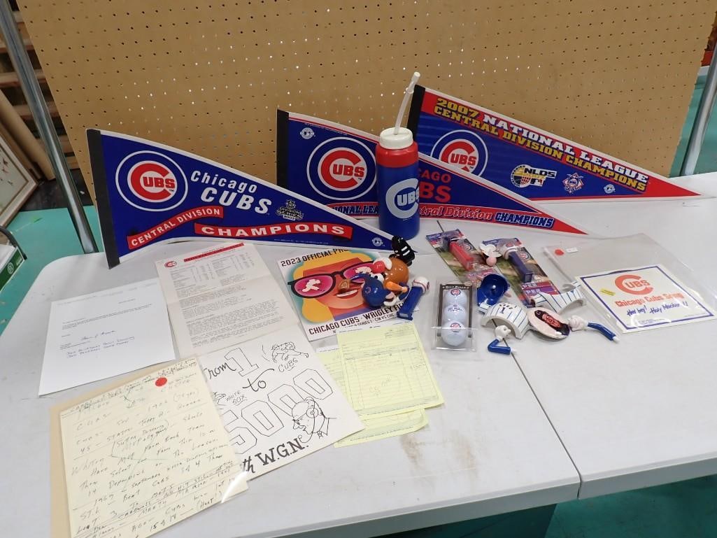 Chicago Cubs Lot including Pennants, Waterbottle, Pez, Mr. Potato Head, Ephemera, Golf Balls, Jack (1 of 15)