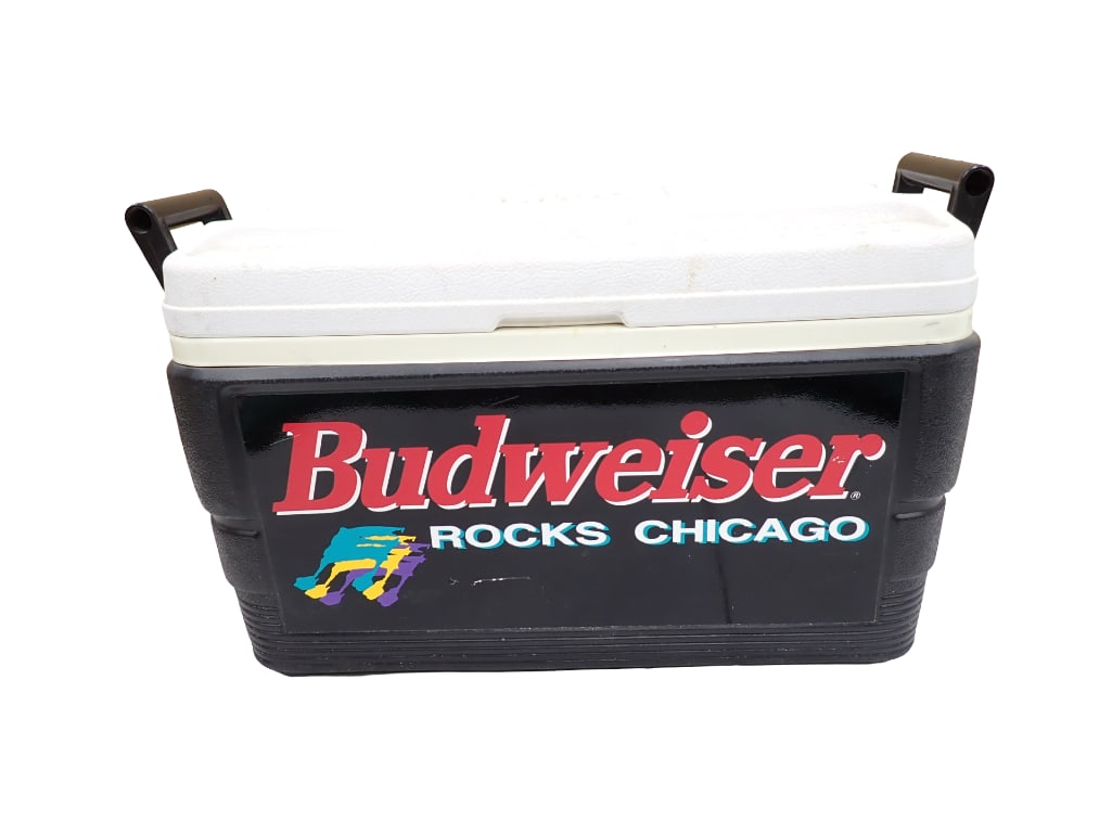 Budweiser Rocks Chicago Cooler: Budweiser Rocks Chicago Cooler 24x15x12" All pictures are considered part of the description and should be examined carefully by bidders. Live Auctioneers is now offering Live Shipping through the