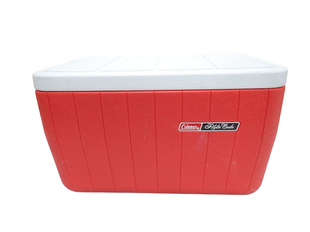 Coleman Polylite Cooler Red and White: Coleman Polylite Cooler Red and White 23x13x13" All pictures are considered part of the description and should be examined carefully by bidders. Live Auctioneers is now offering Live Shipping thro