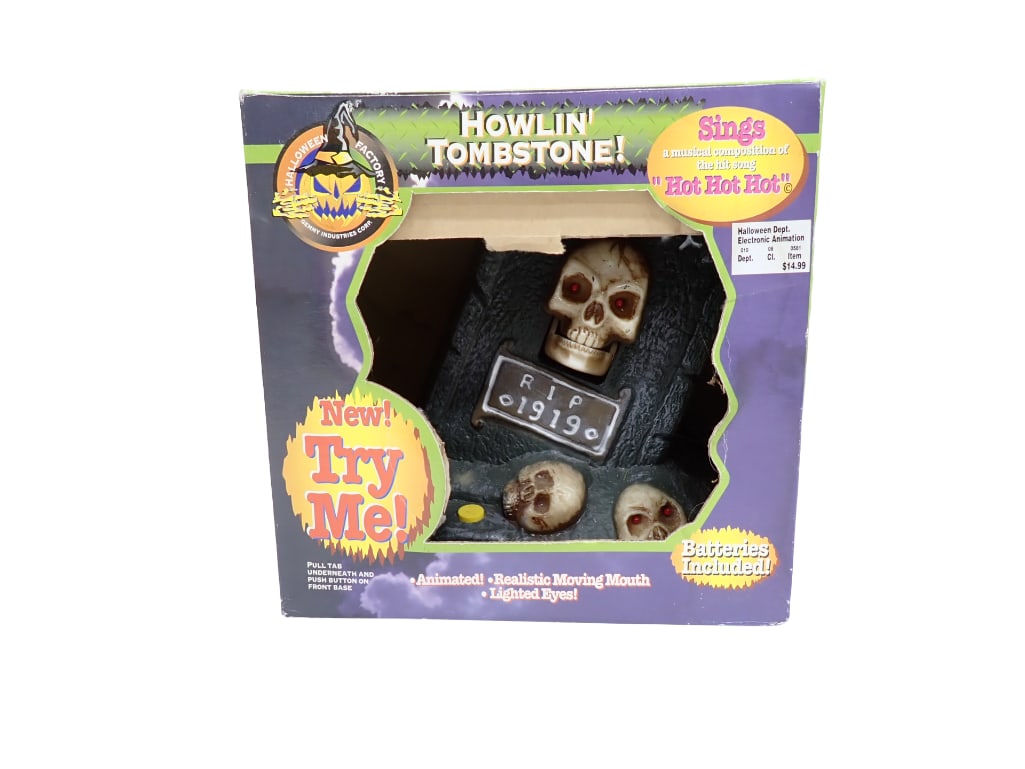 Howlin Tombstone Animated Singing Halloween Decoration New in Box: Howlin' Tombstone Animated Singing Halloween Decoration New in Box. Batteries probably need replacing All pictures are considered part of the description and should be examined carefully by