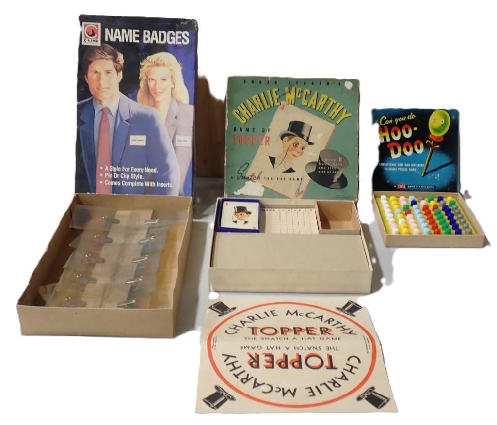 Vintage Lot including Name Badges,, Charlie McCarthy Game, Hoo-Doo Game - all comes with everything (1 of 7)