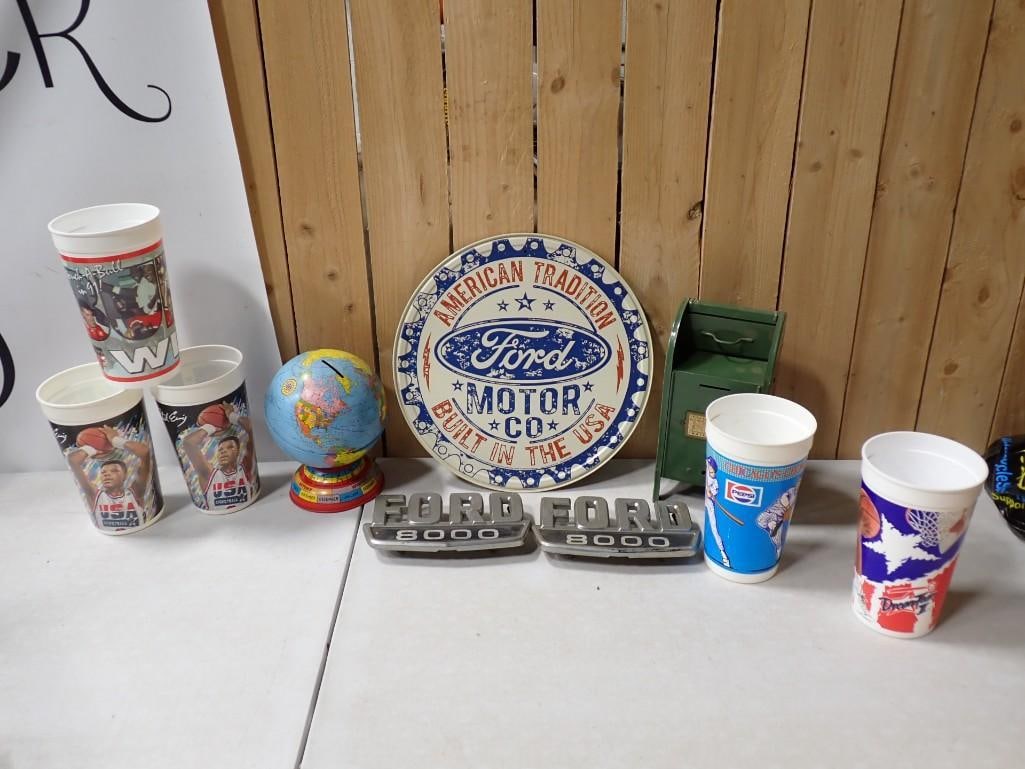 Misc Lot including Ford Advertising Sign, Globe and Mailbox Banks, Collector Cups, Ford 8000 Emblems (1 of 18)