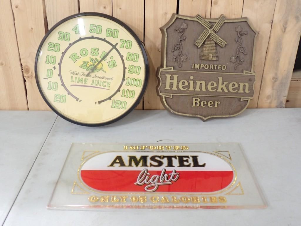Barware including Rose's Lime Juice Round Wall Thermometer, Heineken and Amstel Light Beer Signs (1 of 8)