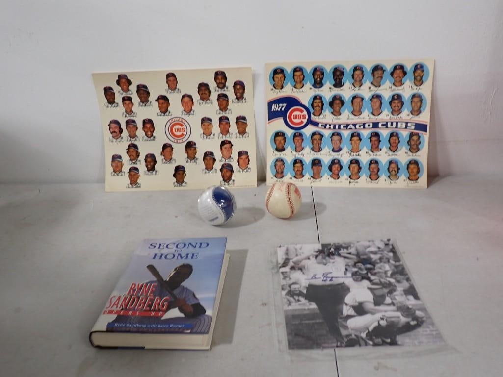 Chicago Cubs Lot including Ryne Sandberg Autographed Book -No COA, 1974 1977 Team Photos, Baseballs (1 of 8)