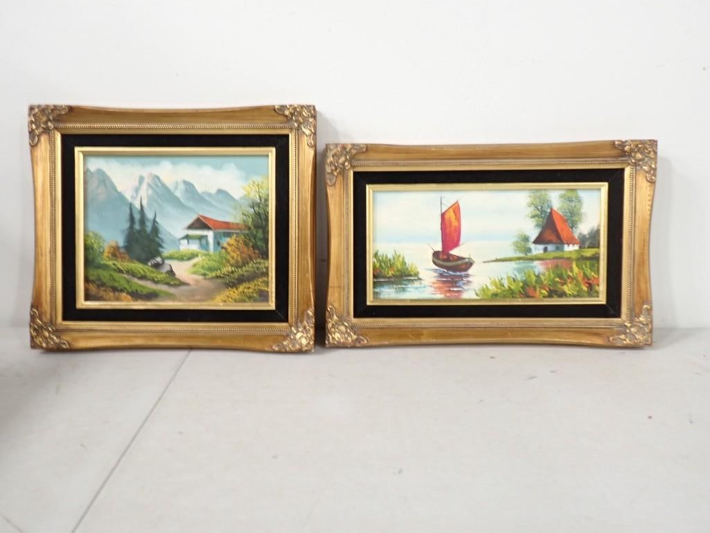 Pair of Framed Oil Paintings - Sailboat and Rural House Mountain Scene (1 of 6)