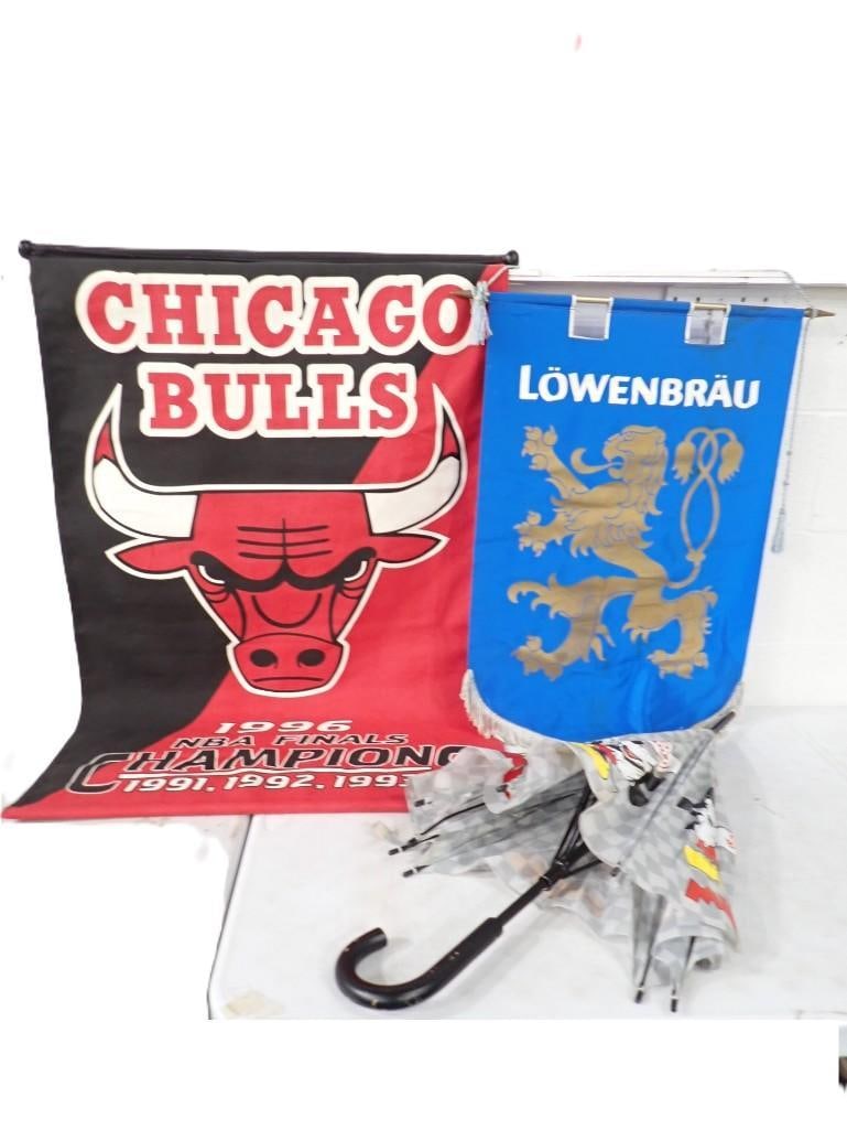 Misc. Lot including Chicago Bulls and Lowenbrau Beer Hanging Banners and Mickey Mouse Umbrella (1 of 6)