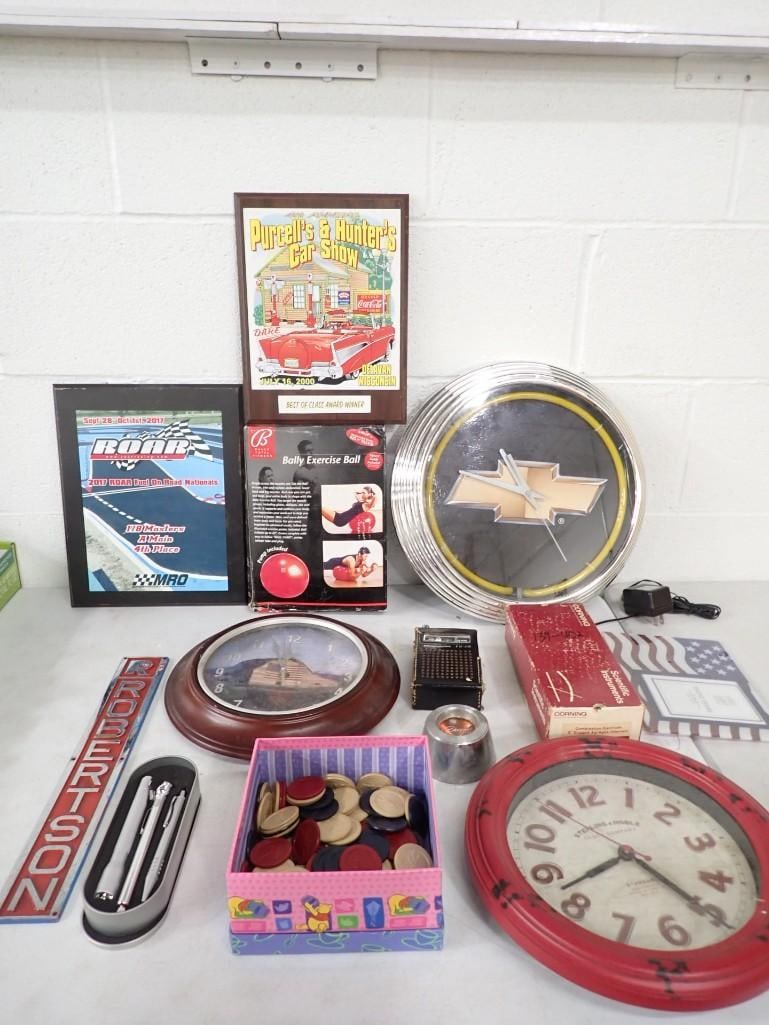 Misc. Lot including Chevy Neon Clock, Vintage Poker Chips, Transister Radio, Wall Clocks, Exercise (1 of 7)