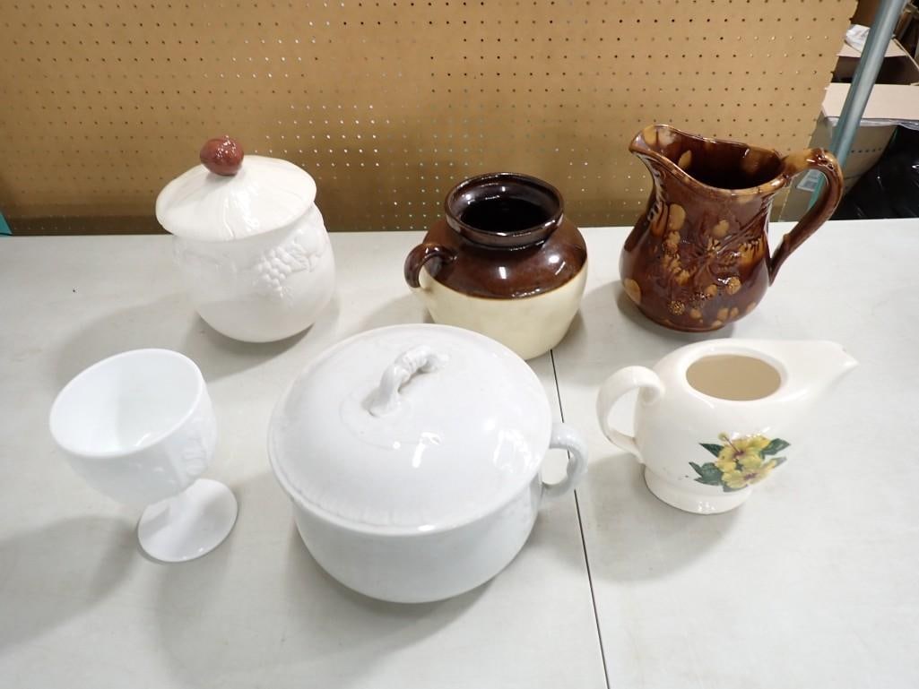 Kitchen Lot including Cookie Jar, Pitcher, Milk Glass, Vintage, Stoneware, etc. (1 of 7)