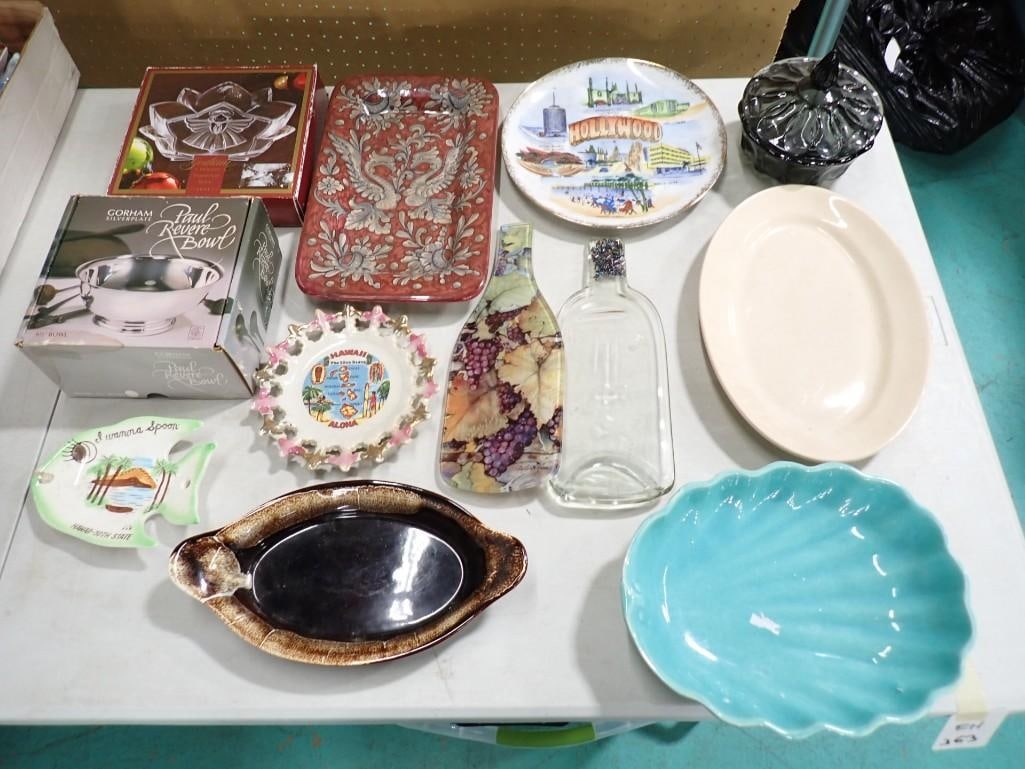 Misc. Kitchen/Decor Lot including Gorham SIlverplate Paul Revere Bowl, Glass Wine Bottle Spoon Rests: Misc. Kitchen/Decor Lot including Gorham SIlverplate Paul Revere Bowl, Glass Wine Bottle Spoon Rests, Trays, Hollywood Plate, Candy Dish, etc All pictures are considered part of the description and sh