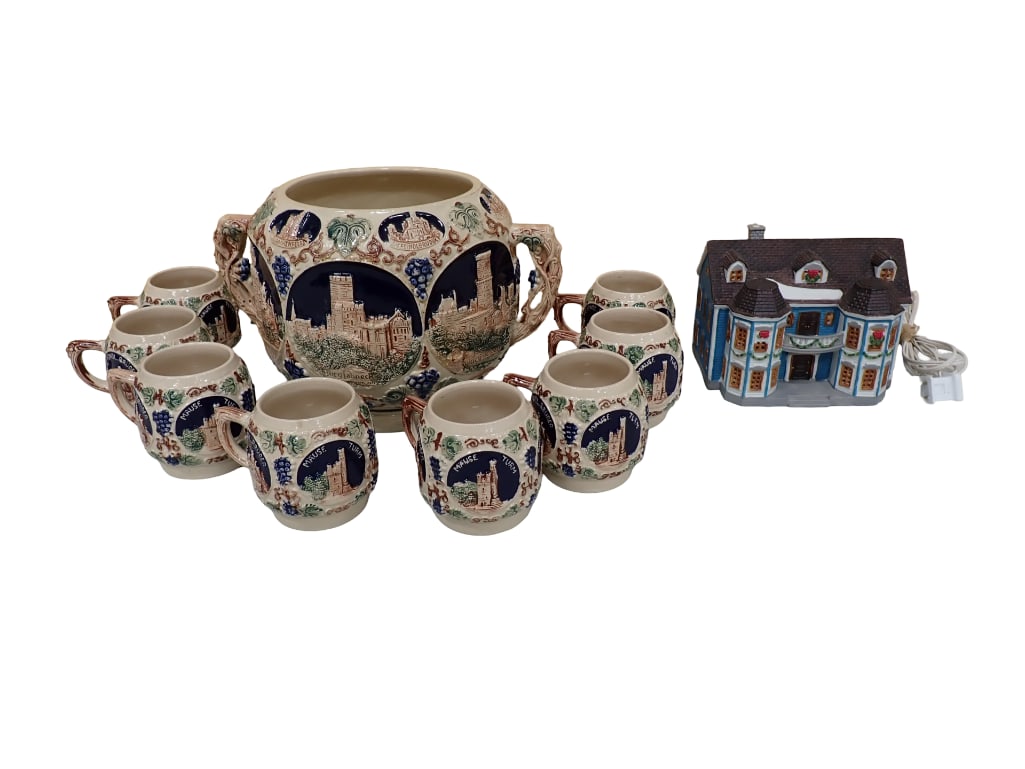 Vintage Gerz 3361 Punch Bowl, Cider, or Mulled Wine Set with Bowl and 6 Mugs or Cups plus a Lemax: Vintage Stoneware Gerz 3361 Punch Bowl, Cider, or Mulled Wine Set with Bowl and 6 Mugs or Cups plus a Lemax Christmas Village House All pictures are considered part of the description and should be e