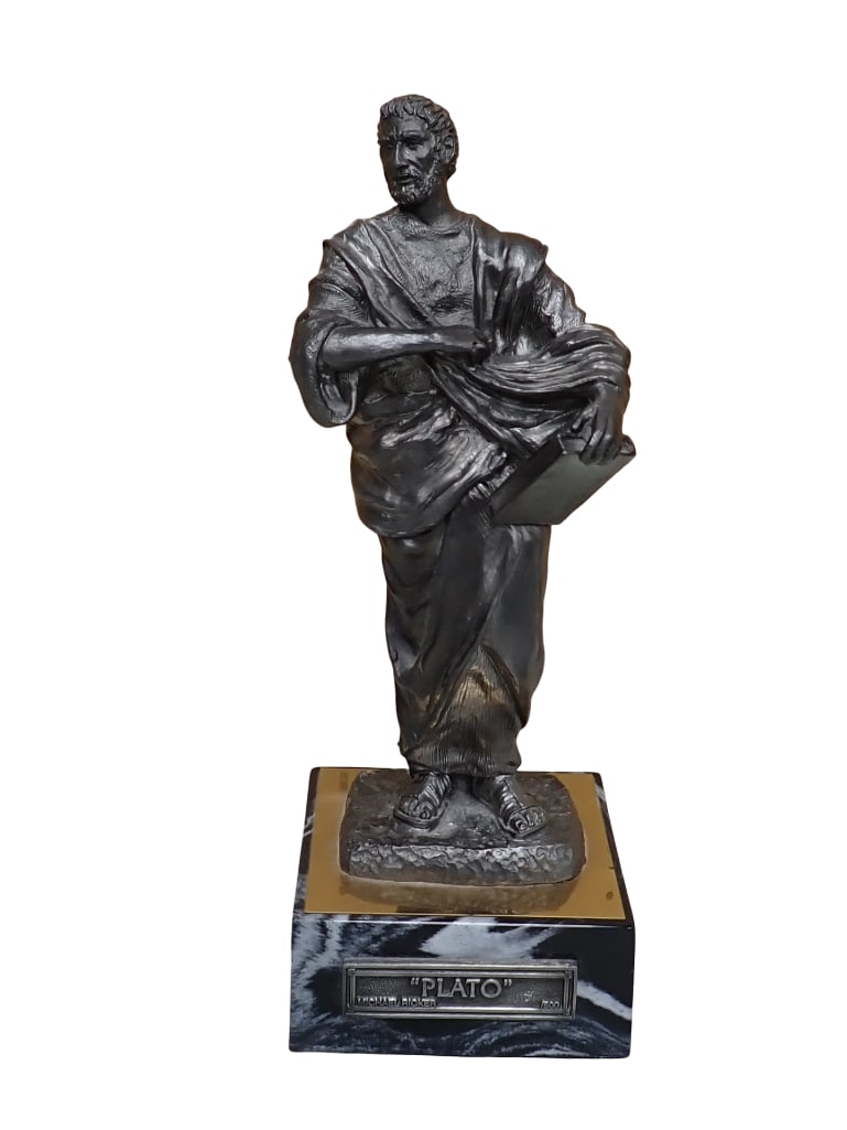 Michael Riker Plato Pewter Sculpture Signed: Michael Riker Plato Pewter Sculpture Signed Roughly 12" Tall All pictures are considered part of the description and should be examined carefully by bidders. Live Auctioneers is now offering Live