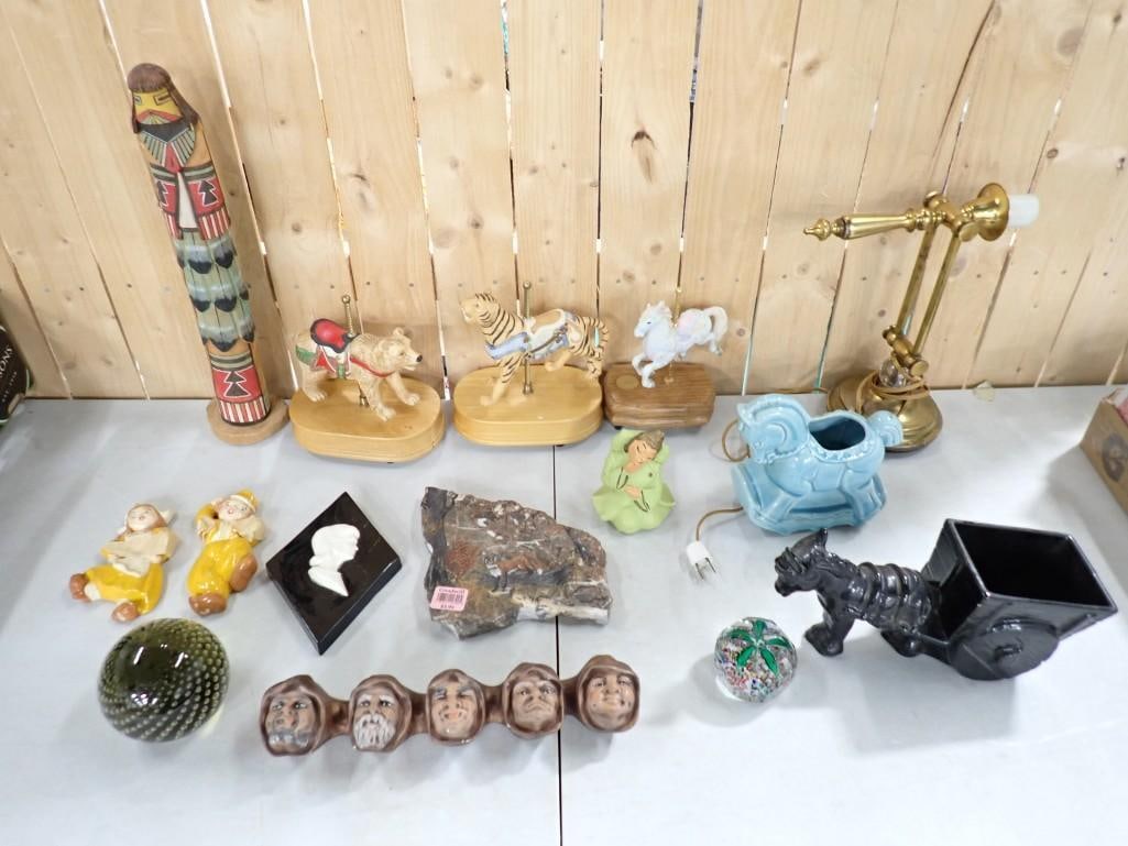 Collectibles Lot including Art Glass Paperweights, Ceramic Planters, Trinkets, Merry-Go-Round Animal: Collectibles Lot including Art Glass Paperweights, Ceramic Planters, Trinkets, Merry-Go-Round Animals, Lamp, etc. All pictures are considered part of the description and should be examined carefully b