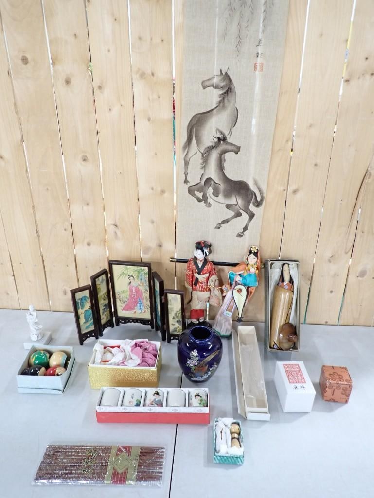Asian Style Collectibles including Vase, Cups, Geisha Dolls, Scroll with Horses, etc. (1 of 11)