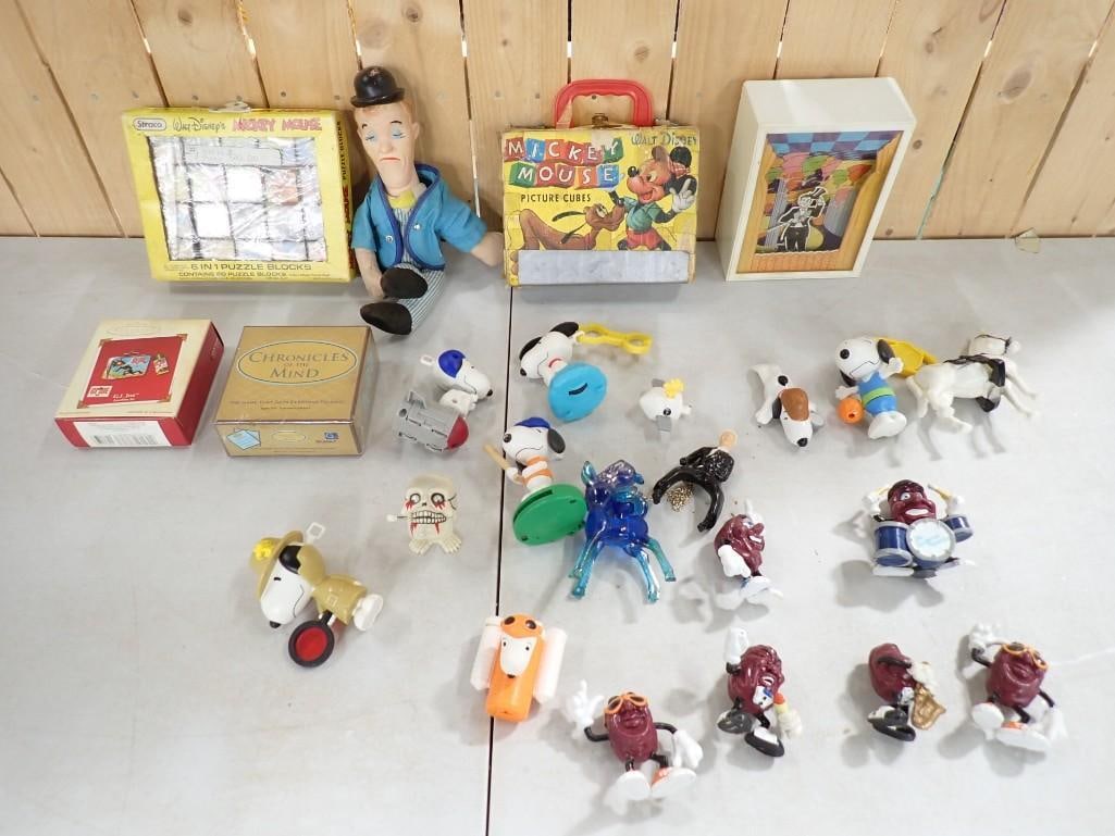 Vintage Toy Lot including Snoopy, Walt Disney Mickey Mouse Puzzle Blocks, California Raisins, (1 of 9)