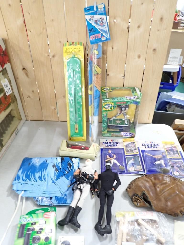 Misc. Lot including Vintage Catcher's Mitt, Starting Lineup New in Package, Kite, Thermometer, Actio (1 of 8)