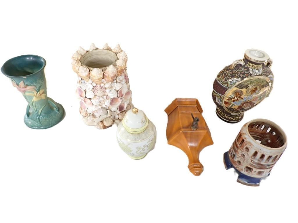 Assorted Vases, Urns, Sconce, etc. Including Shells, Roseville 136-9 Floral Vase, etc. (1 of 8)