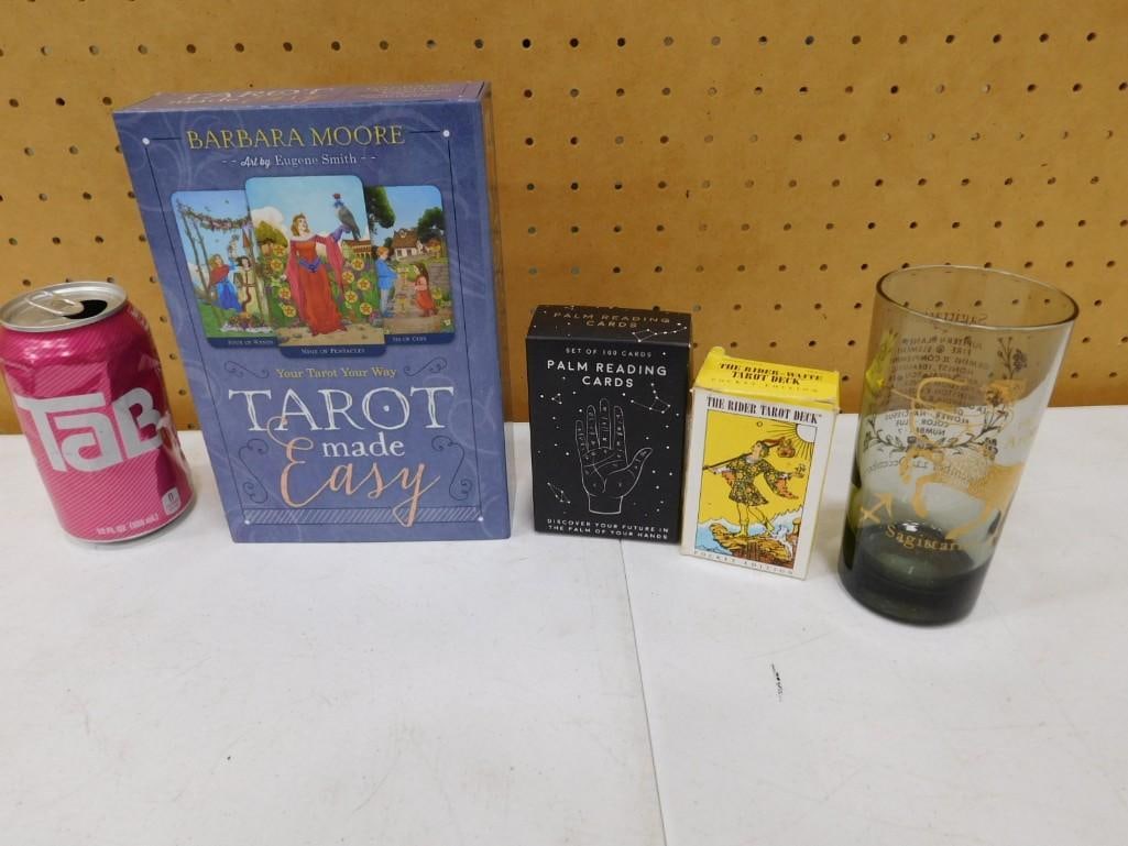 Lot of Tarot Cards, Palm Reading Cards and Sagittarius Drinking Glass: Lot of Tarot Cards, Palm Reading Cards and Sagittarius Drinking Glass All pictures are considered part of the description and should be examined carefully by bidders. Live Auctioneers is now offering 