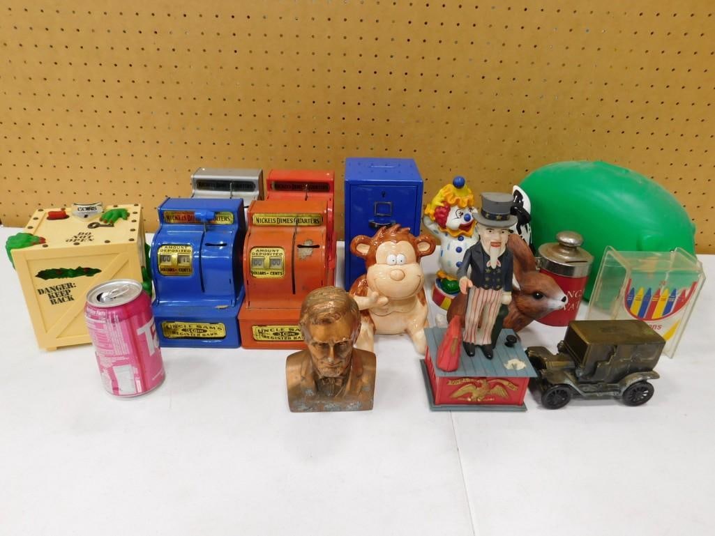 Cast Iron Uncle Sam Mechanical Bank, Vintage Toy Cash Register Banks, Lincoln Bust, etc. (1 of 5)