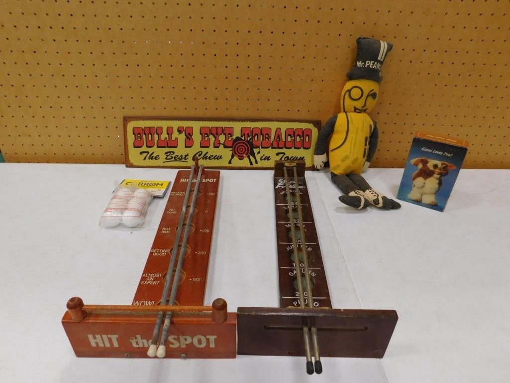Vintage Toy Lot including Hit the Spot, Space Force Marble Games, Mr. Peanut, Bull's Eye Tobacco Met (1 of 6)