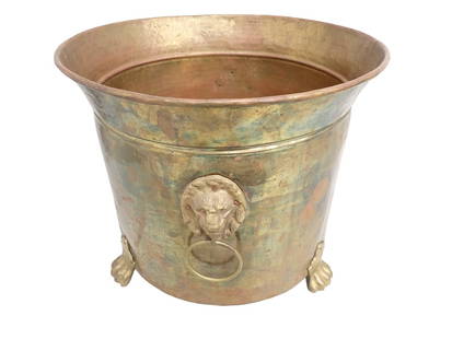 Large Brass Planter with Lion Head Design: Large Brass Planter with Lion Head Design  All pictures are considered part of the description and should be examined carefully by bidders.  Live Auctioneers is now offering Live Shipping through them