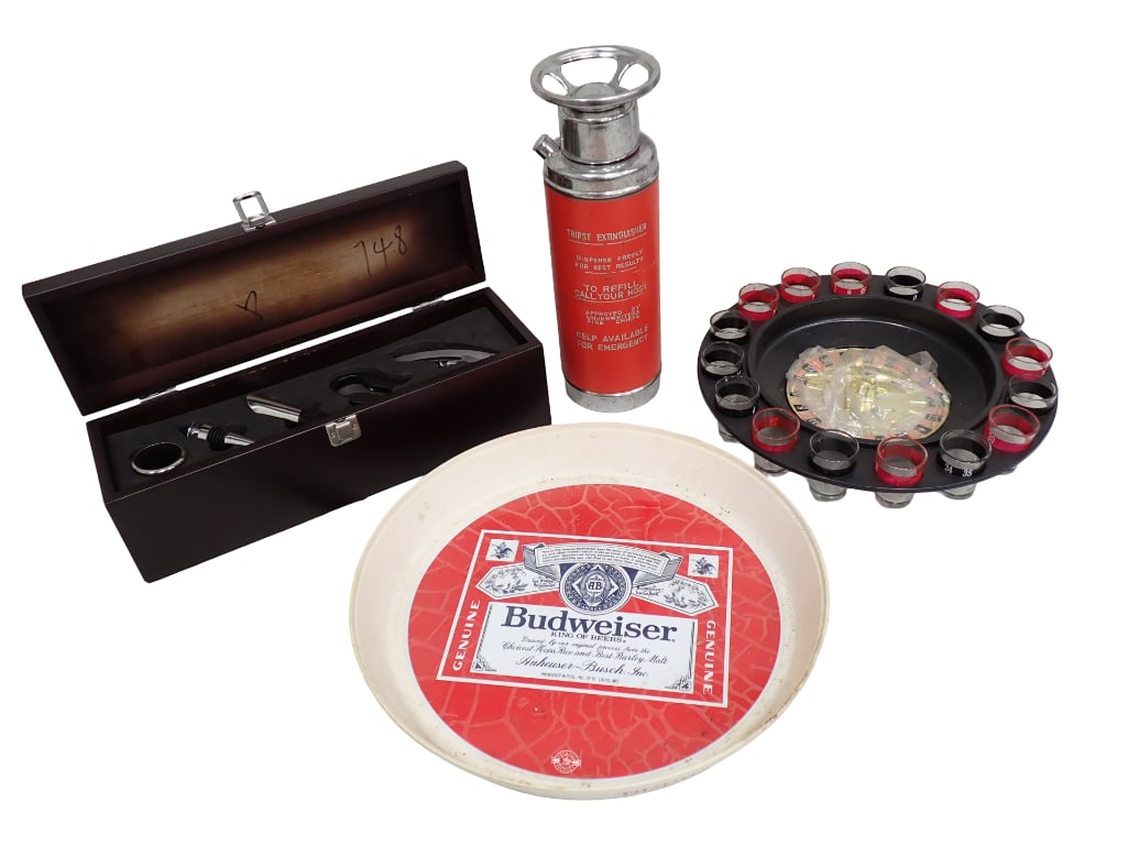 Bar Lot incl Cocktail Shaker in the Form of a Fire Extinguisher, Budweiser Metal Beer Tray,: Bar Lot incl Cocktail Shaker in the Form of a Fire Extinguisher, Budweiser Metal Beer Tray, Roulette Wheel Shot Glass Set, Bar Tools Set All pictures are considered part of the description and should