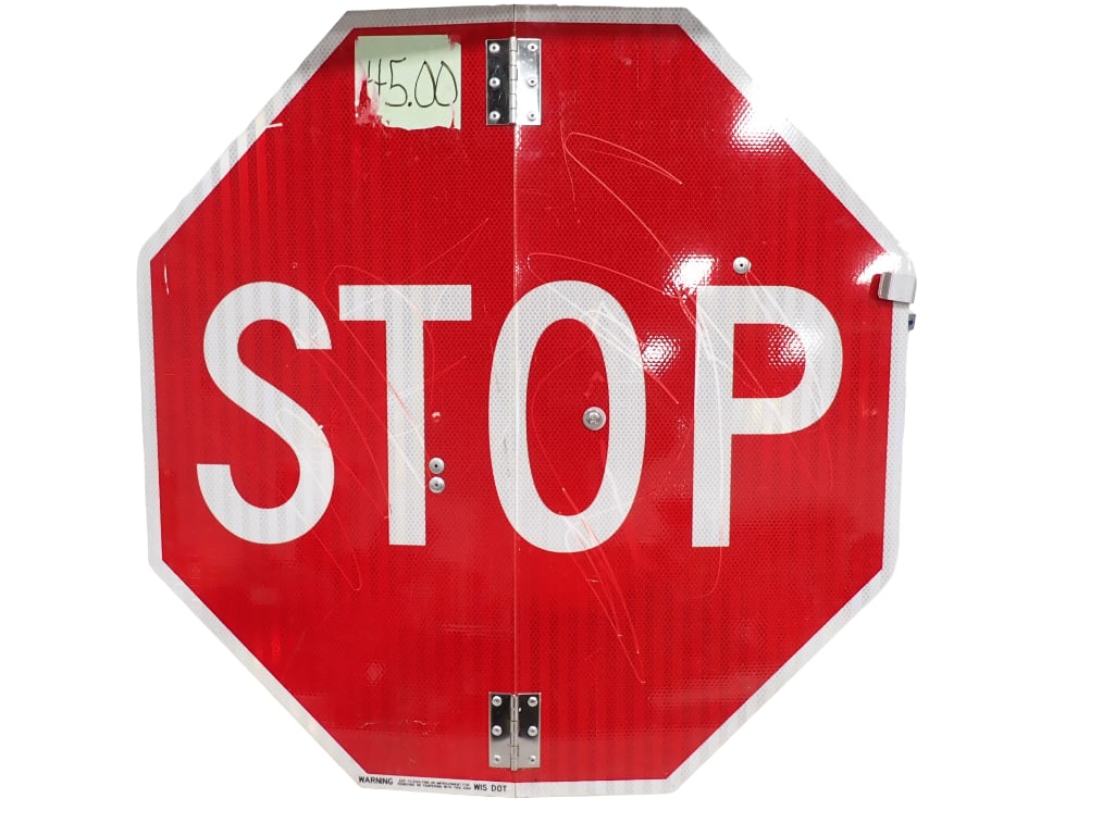 Folding Stop Sign Fold Up Traffic Sign: Folding Stop Sign Fold Up Traffic Sign All pictures are considered part of the description and should be examined carefully by bidders. Live Auctioneers is now offering Live Shipping through them. Thi