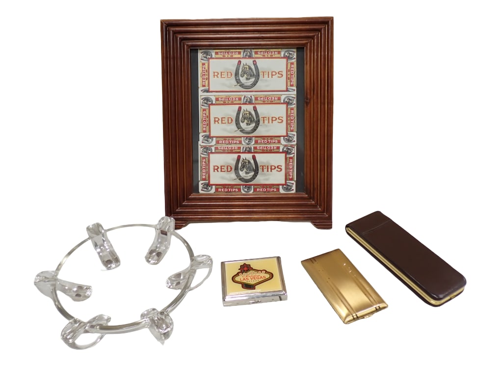 Tobacciana Lot incl Cigarette Cases, Heavy Glass Ashtray, Red Tips Framed Cigar Labels (1 of 11)