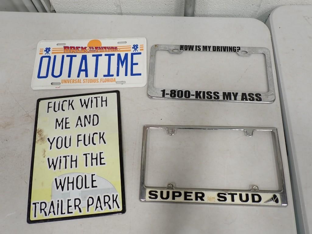 Novelty Lot incl an Outatime Back to the Future Novelty License Plate, a Novelty Sign: Novelty Lot incl an Outatime Back to the Future Novelty License Plate, a Novelty Sign, 2 Novelty License Plate Holders All pictures are considered part of the description and should be examined carefu
