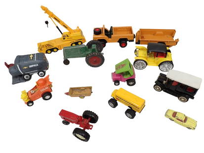 Vintage Toy Cars, Vehicles, Machinery, etc incl Slik Toys Aluminum Tractor, Topper Zoomer Boomers Qu: Vintage Toy Cars, Vehicles, Machinery, etc incl Slik Toys Aluminum Tractor, Topper Zoomer Boomers Quck Change Ford Model A Hot Rod Pink and Green Dune Buggy Toy, etc  All pictures are considered part