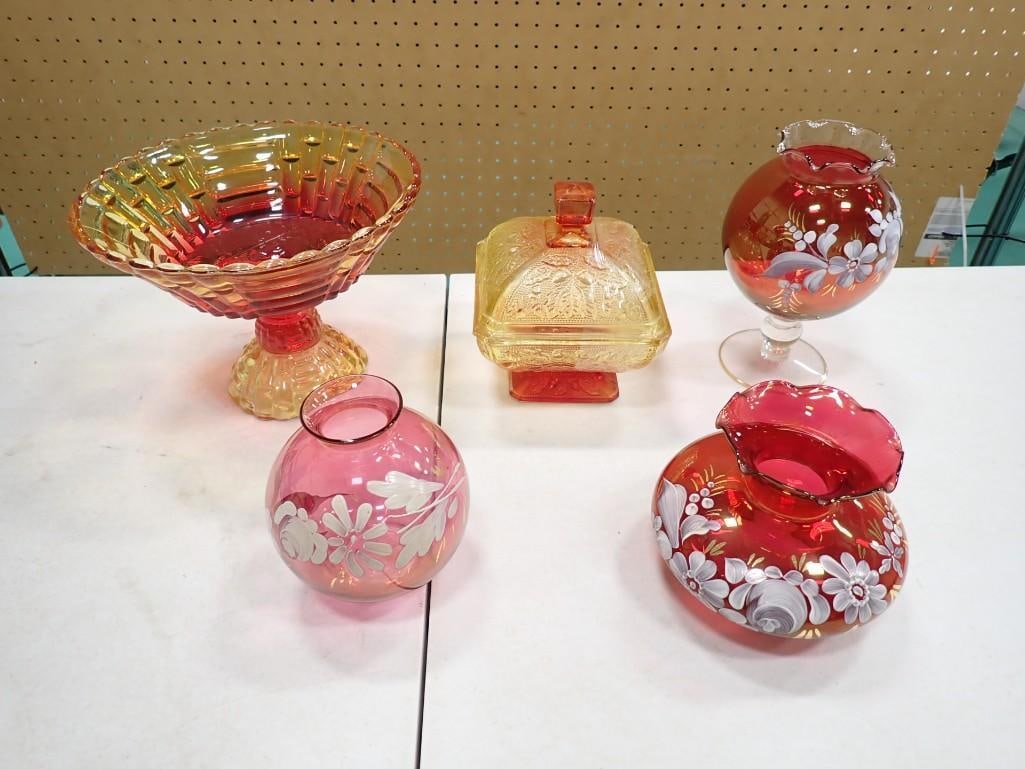 3 Vintage Hand Painted Flashed Cranberry Glass Vases and a Flashed Glass Bowl Footed Bowl and Can (1 of 14)