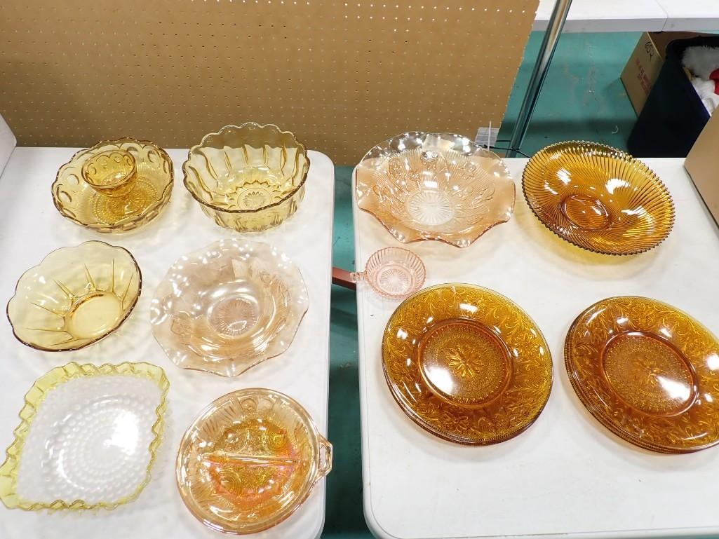 Lot of Amber and Yellow Glass incl Frosted Hobnail Bowl with Yellow Rim: Lot of Amber and Yellow Glass incl Frosted Hobnail Bowl with Yellow Rim, etc All pictures are considered part of the description and should be examined carefully by bidders. Live Auctioneers is now