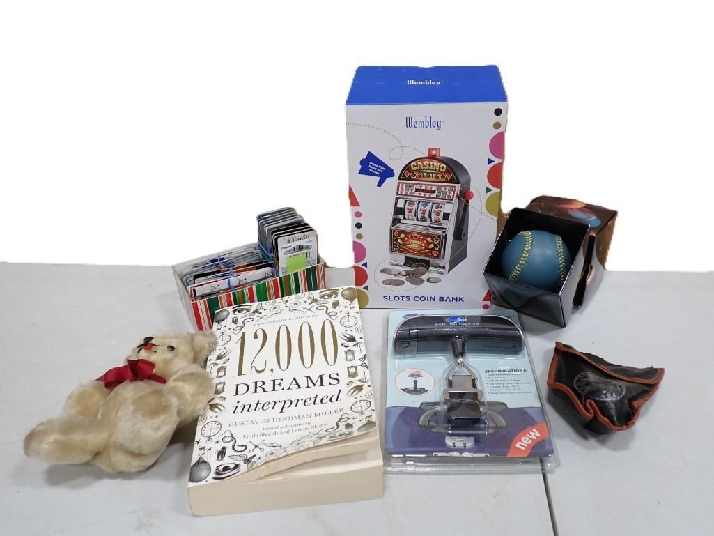 Misc. Lot including Slot Machine Coin Bank, Dream Book, Luggage Scale, Plush, Coin Batteries, (1 of 11)