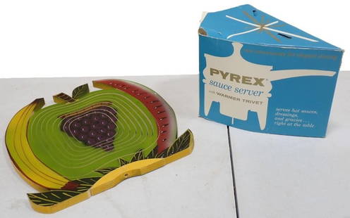 Vintage Pyrex Sauce Server with original Box and Wrapping and a Wooden expanding Fruit Bowl: Vintage Pyrex Sauce Server with original Box and Wrapping and a Wooden expanding Fruit Bowl.&#160; Pyrex Box has some damage All pictures are considered part of the description and should be examined