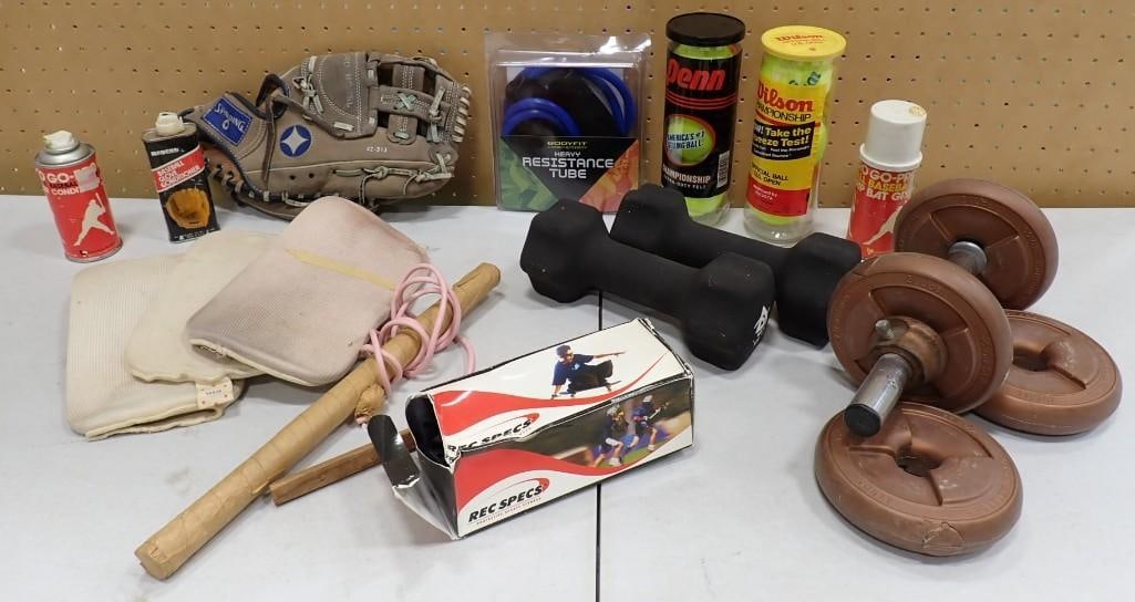 Misc. Sports Lot including Spalding Baseball Mitt, Glove Conditioner, Dumbbells, Tennis Balls, Resis: Misc. Sports Lot including Spalding Baseball Mitt, Glove Conditioner, Dumbbells, Tennis Balls, Resistance Tube, etc All pictures are considered part of the description and should be examined carefull