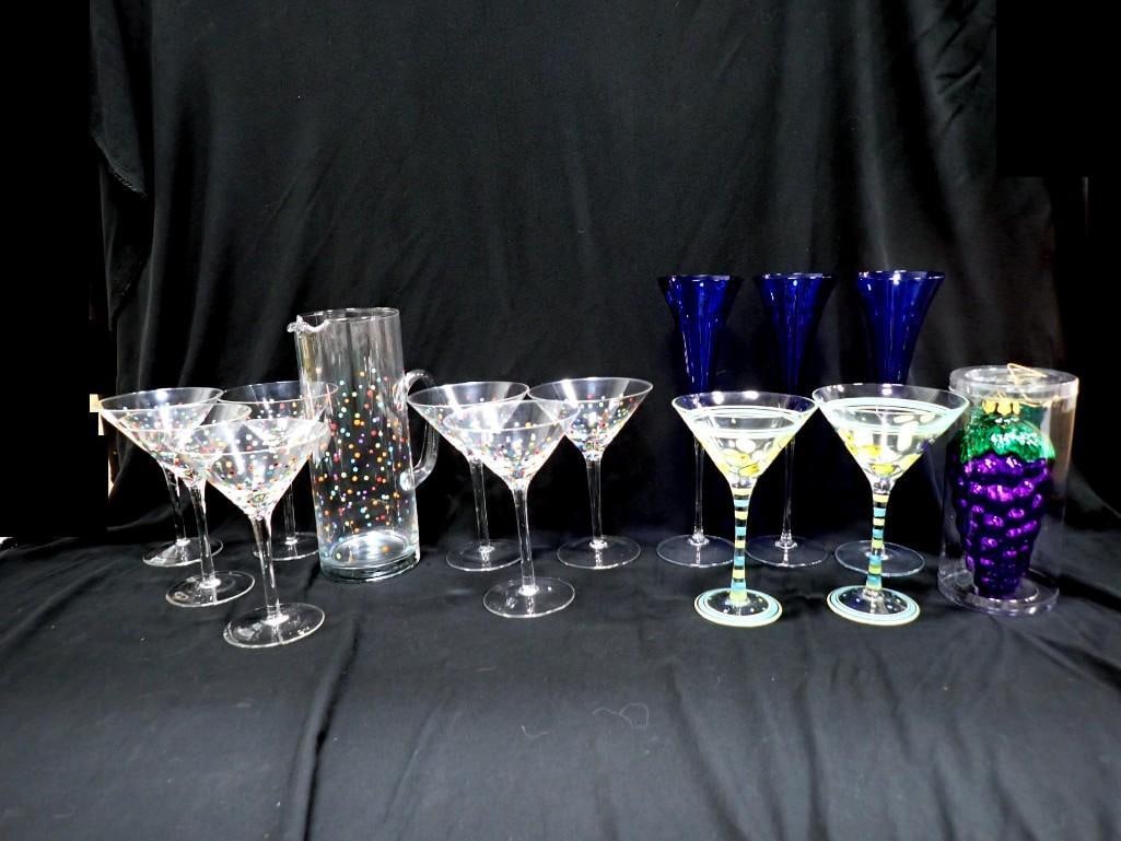 Barware Lot including Martini Glasses, Confetti Pattern, Flutes, Pitcher, Grape Ornament, etc. (1 of 9)