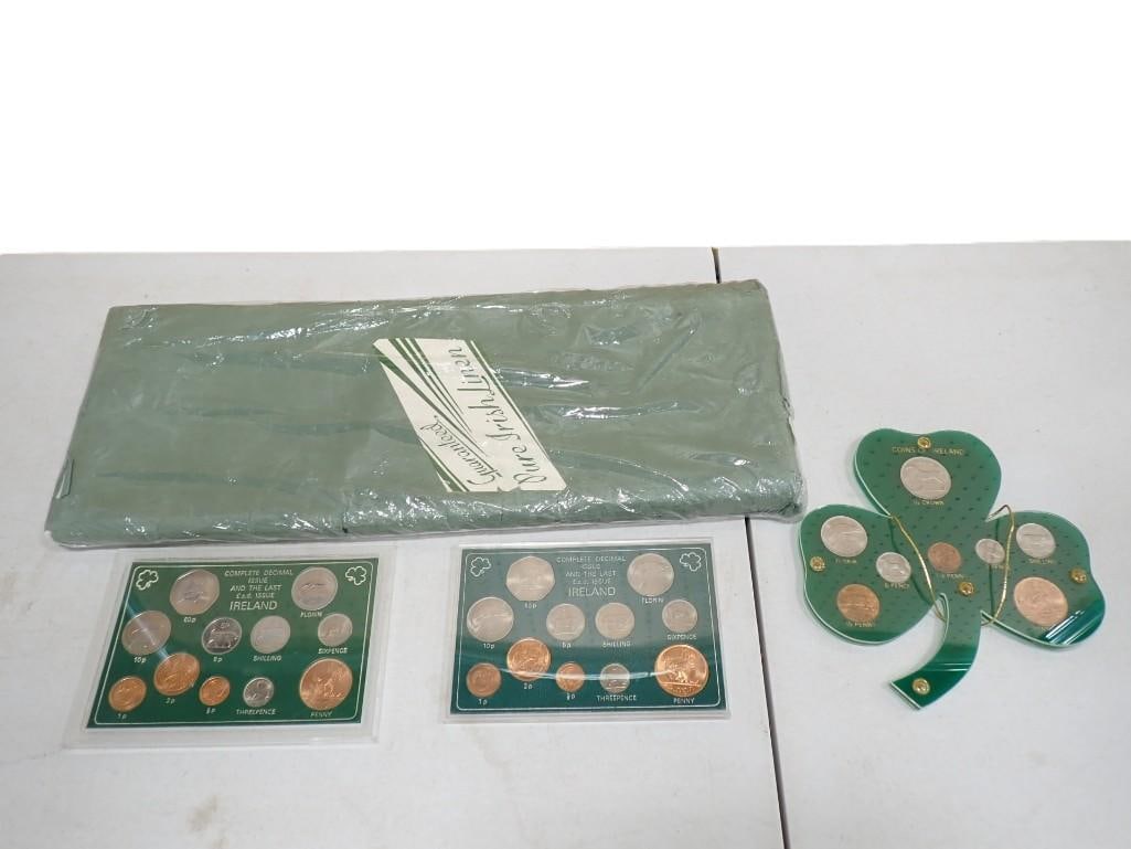 Lot of Irish Coins in Displays - 1950's through 1980's.  Plus a never been used Pure Irish Linen (1 of 12)