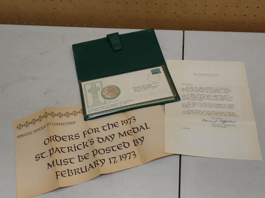 Franklin Mint 0.999 Pure Silver 1973 St. Patrick's Day Medal and Commemorative Cachet with COA (1 of 9)