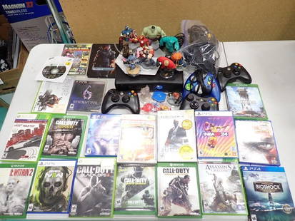 Video Game Lot including Microsoft XBox 360 (works), Games, Controllers, Action Figures, etc.: Video Game Lot including Microsoft XBox 360 (works), Games, Controllers, Action Figures, etc. XBox One Games, PlayStation Games including PS3, PS4, PS5  All pictures are considered part of the descrip
