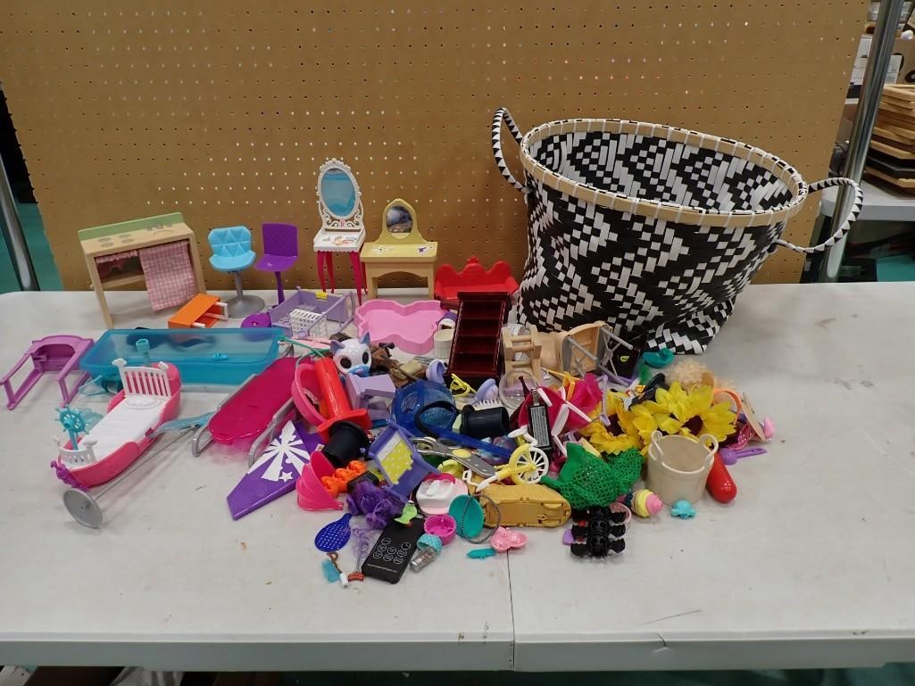 Lot of Small Toys, Dollhouse Miniatures, Etc plus a Basket (1 of 7)